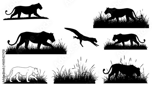 Diverse black and white jaguar silhouettes in action poses with natural elements, isolated on white background