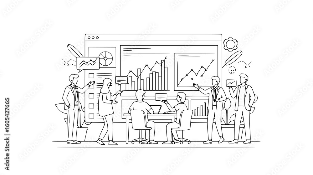 Obraz premium Business team in a meeting, analyzing charts and graphs on a large screen, isolated on white background