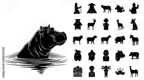 Silhouette of a hippopotamus emerging from water, with a collection of various animal and human icons