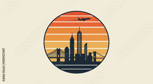New York City Sunset Skyline – Iconic Buildings with Airplane Above
