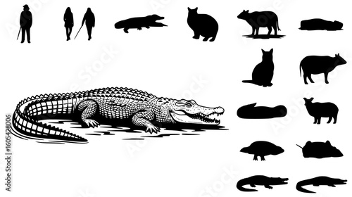Detailed illustration of a crocodile alongside various animal and human silhouettes, isolated on white background