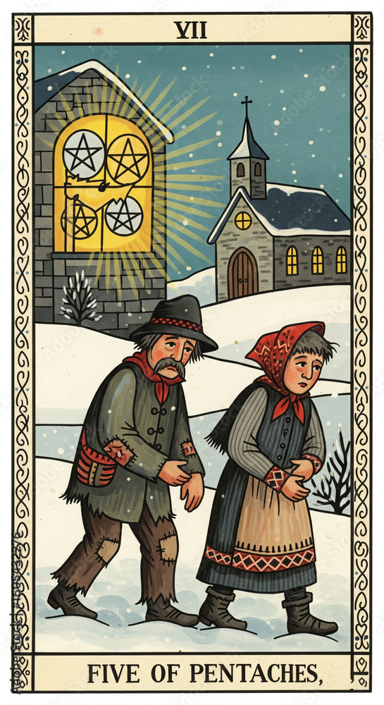 Obraz premium fork style tarot cart Five of Pentacles