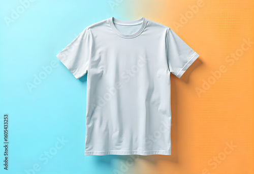Wallpaper Mural White T-shirt mockup front template on light blue and yellow background Torontodigital.ca