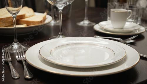 Wallpaper Mural Elegant table setting with white plates featuring gold trim, silver cutlery, crystal wine glasses. Sliced bread in basket adds refined dining atmosphere. Dark polished wood table reflects luxury Torontodigital.ca
