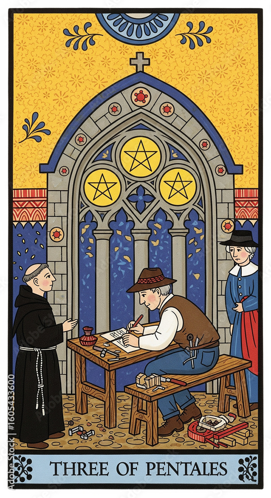 Fototapeta premium fork style tarot cart Three of Pentacles