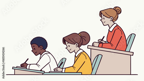 Engaged Students Learning and Writing in a Classroom Setting Illustration