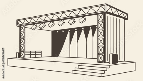 Empty Outdoor Stage with Spotlights and Truss Structure Line Art Illustration