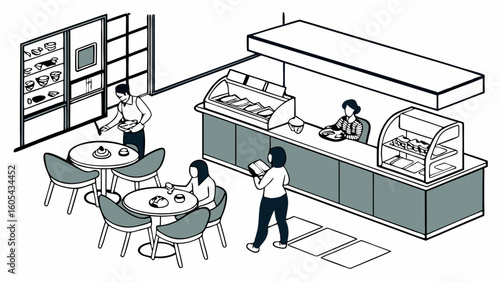 Modern Cafeteria Interior Isometric Illustration with People Dining and Serving