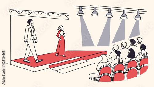 Fashion Show Event Illustration with Models on Red Carpet Runway, Spotlights, and Audience Watching