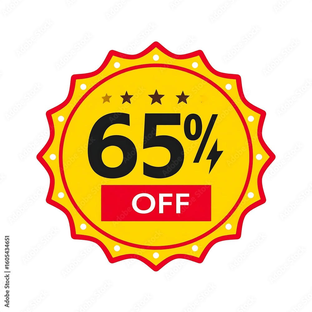 Fototapeta premium A circular yellow sale sticker with 65% off text