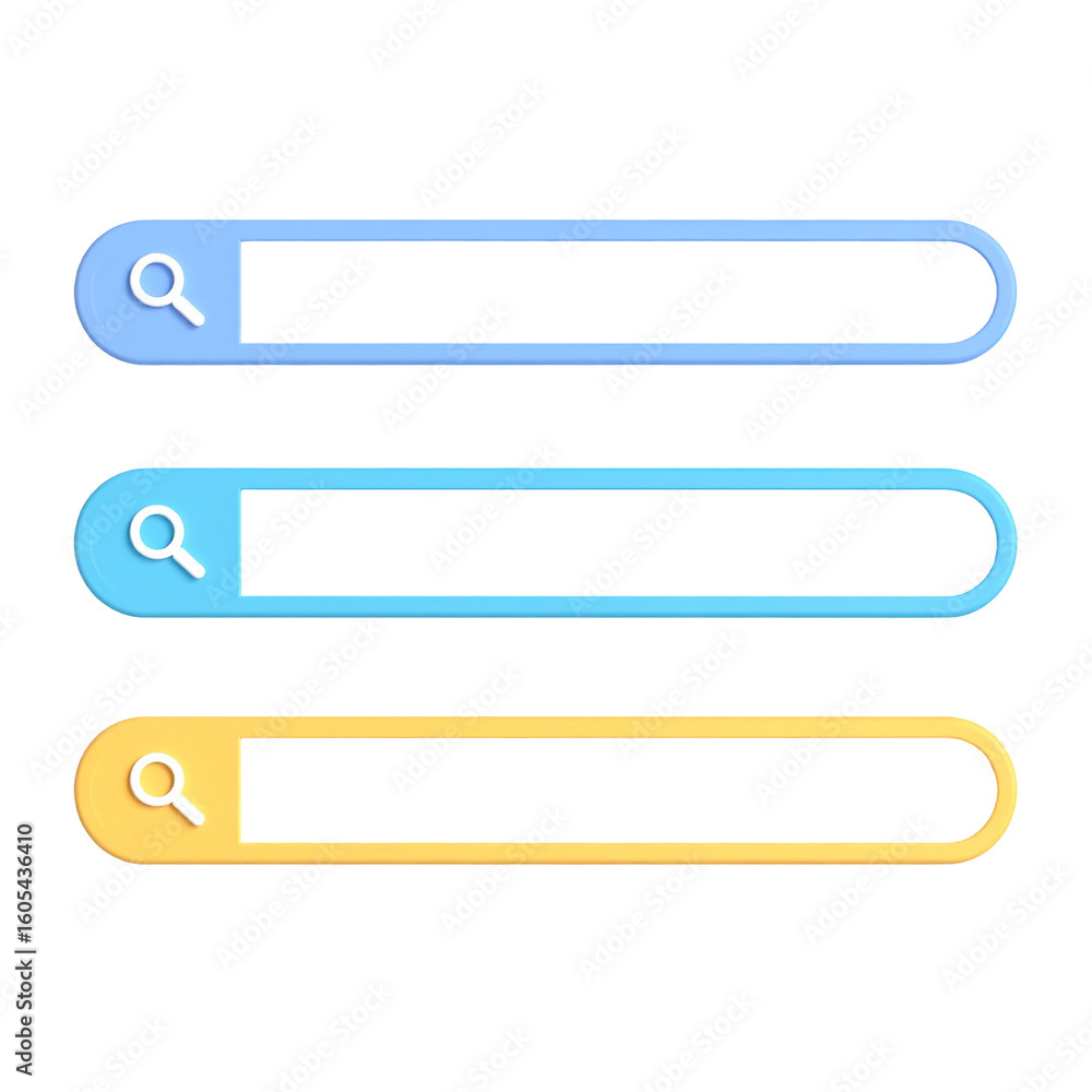 Three colorful, 3D-rendered search bars on black background. Includes magnifiers and curved edges Three colorful, 3D-rendered search bars on black background. Includes magnifiers and curved edges