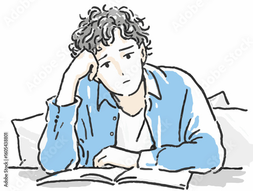 Young man looking thoughtful while reading a book on a white background, exploring introspection and reflection, concept of education or self-improvement