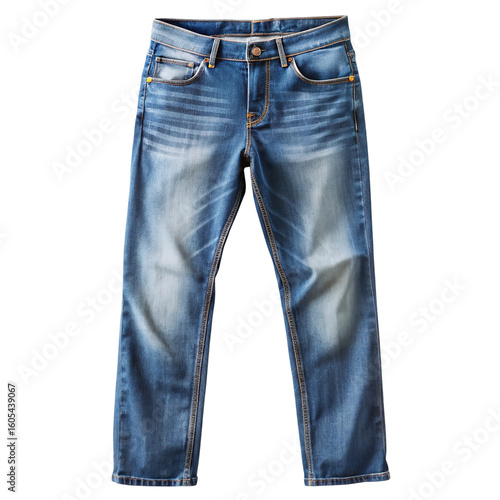 A pair of faded blue denim jeans with whiskering and distressed details isolated on transparent background