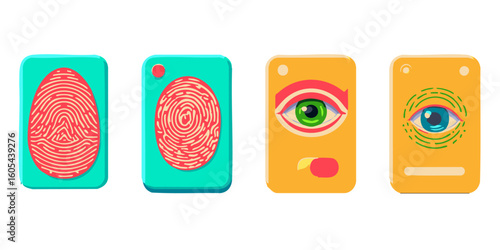 Digital security biometric authentication, fingerprint scanning, eye recognition technology vector icon 