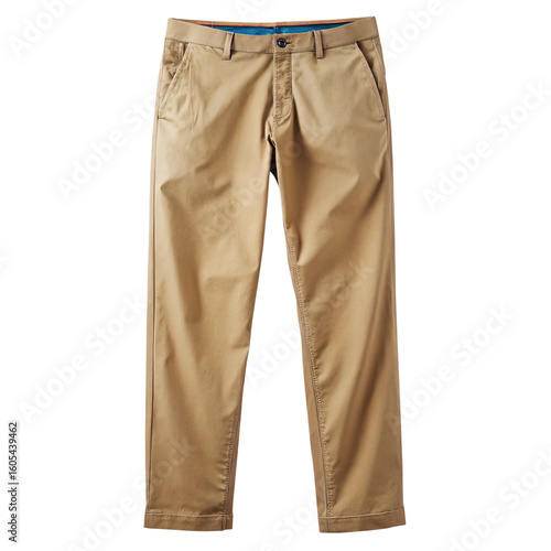 A pair of tan colored chino pants with a classic fit presented isolated on transparent background