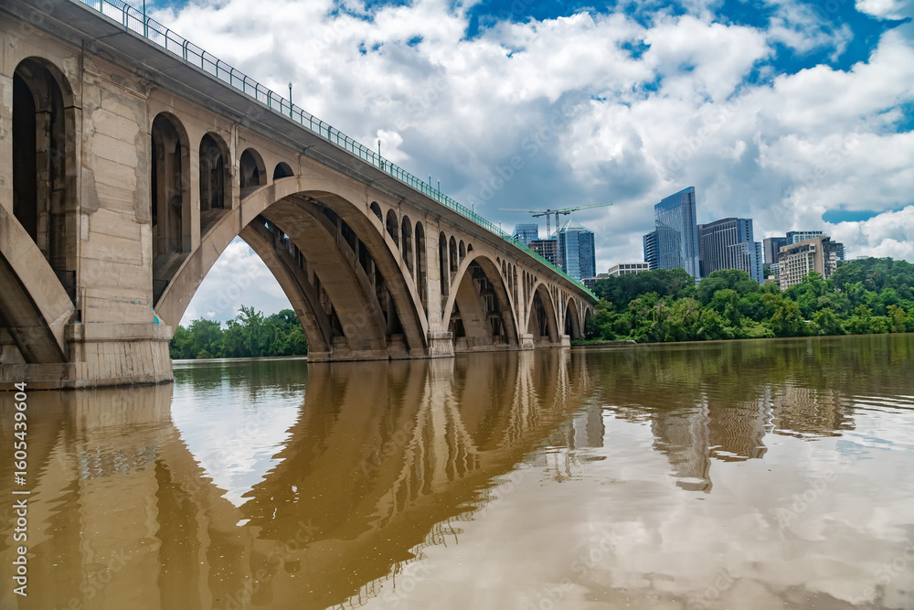 Fototapeta premium Arlington Skyline with Key Bridge over Potomac River Panoramic view of modern high-rises and historic bridge connecting Virginia to DC.
