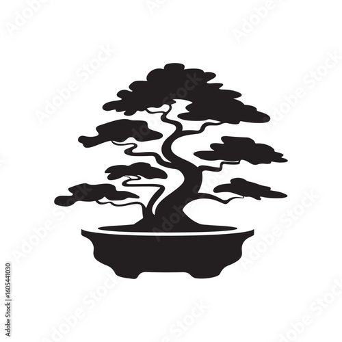 Decorative bonsai tree silhouette in a pot featuring elegant Japanese plant art. Black vector illustration on a white background, ideal for zen-inspired designs, logos, prints, or minimalist decor.