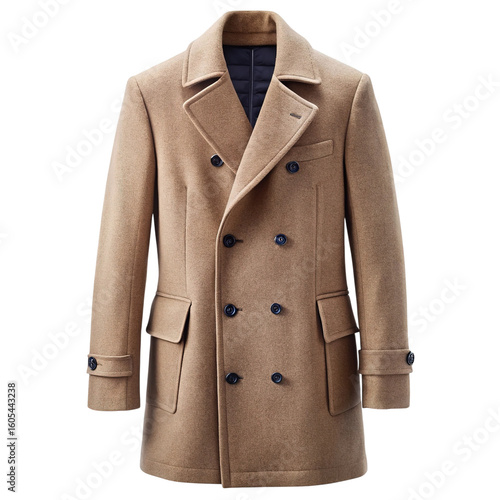 Classic double breasted camel wool blend men s overcoat with plaid lining isolated on transparent background