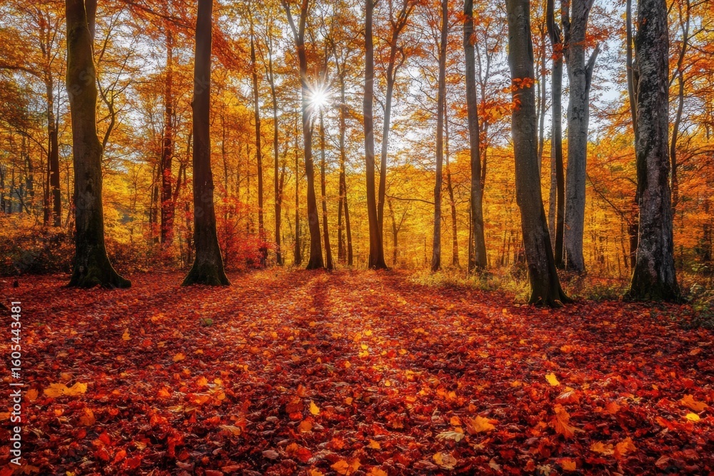 Fototapeta premium Colorful fall leaves on forest pathway