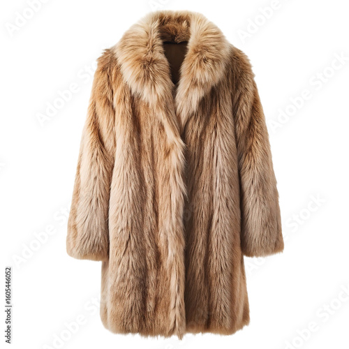 Luxurious long tan and brown fur coat with a wide collar and open front isolated on transparent background