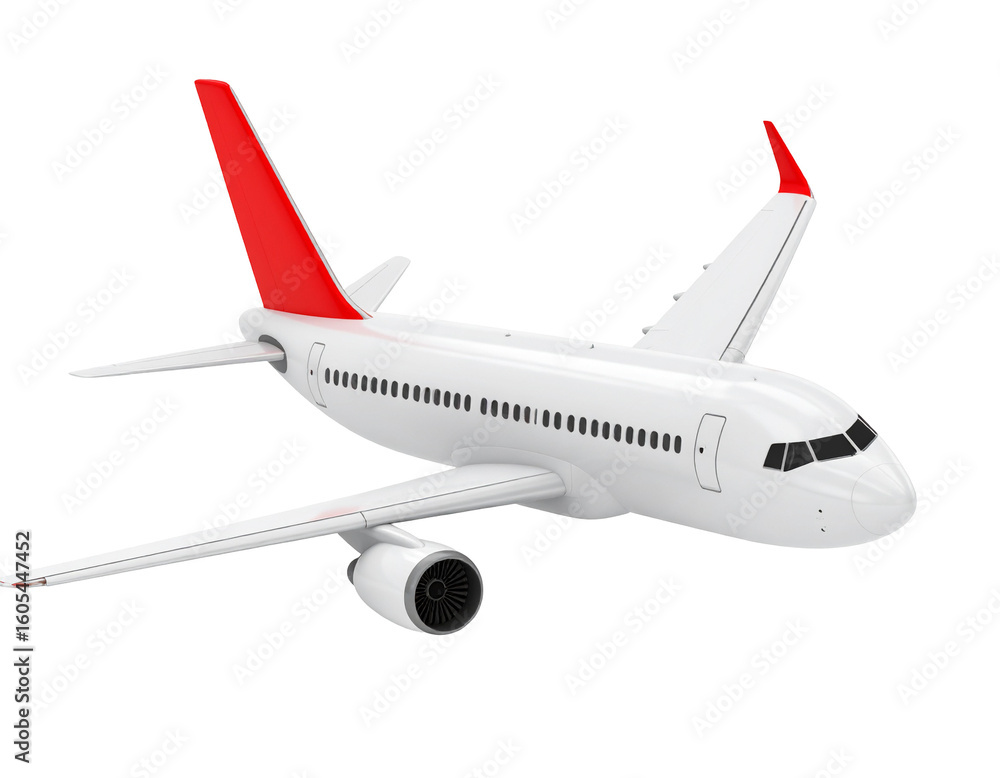 Fototapeta premium White passenger jet taking flight, isolated on a black background; advertising or travel design usage