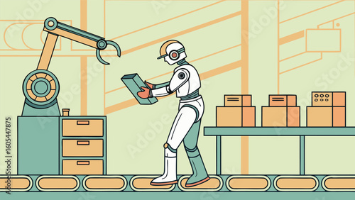 Humanoid robot working with a robotic arm on a factory production line. Vector illustration of futuristic automation and industry.