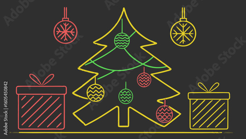 Christmas tree with colorful ornaments and presents on dark background  