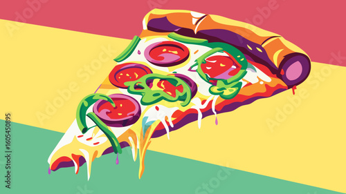 Colorful pizza slice with toppings on vibrant striped background  