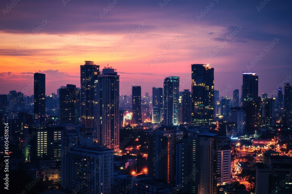 Fototapeta premium Cityscape at night with lit buildings