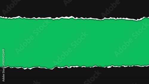 Black paper tear transition animation with page turn reveal from right to left and left to right into torn paper frame with green screen. 4K ripped paper animated template for editing and overlay.