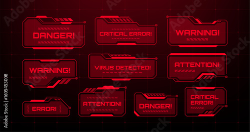 Red futuristic hud warning and danger messages. Digital data interface for cyber security and network alert.
