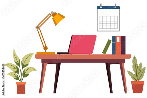 Flat Vector Illustration of Modern Home Office Desk Setup with Laptop and Plants