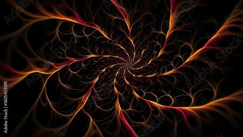 Dark spiral fractal in red and black tones with hypnotic flow and glowing thread lines. Dynamic energy-themed abstract art. Generative AI.