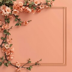Peach blossom branches with leaves form corner border design. Features delicate coral, terracotta flowers against muted pastel background. Ideal for spring, summer invitations greeting cards, flat