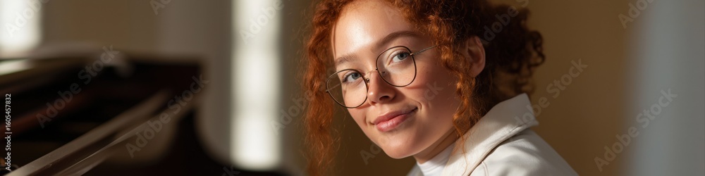 Fototapeta premium Young caucasian female pianist with glasses smiling next to piano