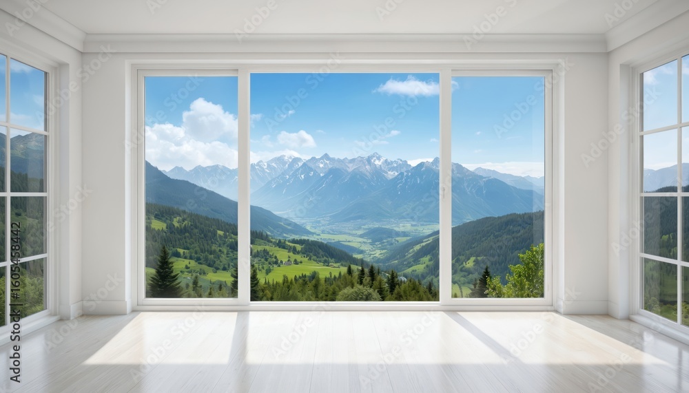 Fototapeta premium Spacious room with large windows offers panoramic mountain, green valley views. Clear blue sky, sunlight creates serene atmosphere. Modern, bright interior promotes relaxation, comfort, peaceful