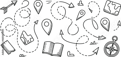 Creative Doodle Style Travel Elements Featuring Compass, Map, Arrow