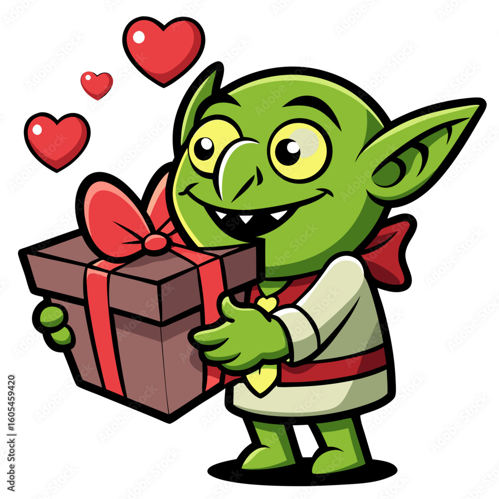 Obraz premium Green goblin character holding a gift box with red ribbon and hearts present