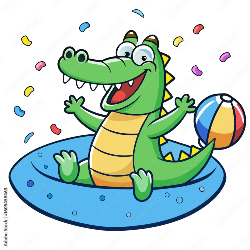 Fototapeta premium Smiling cartoon crocodile floating in blue inflatable ring with beach ball alligator reptile