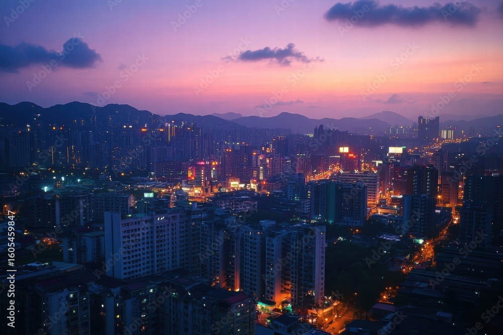 Obraz premium City at night with streetlights and glowing sky
