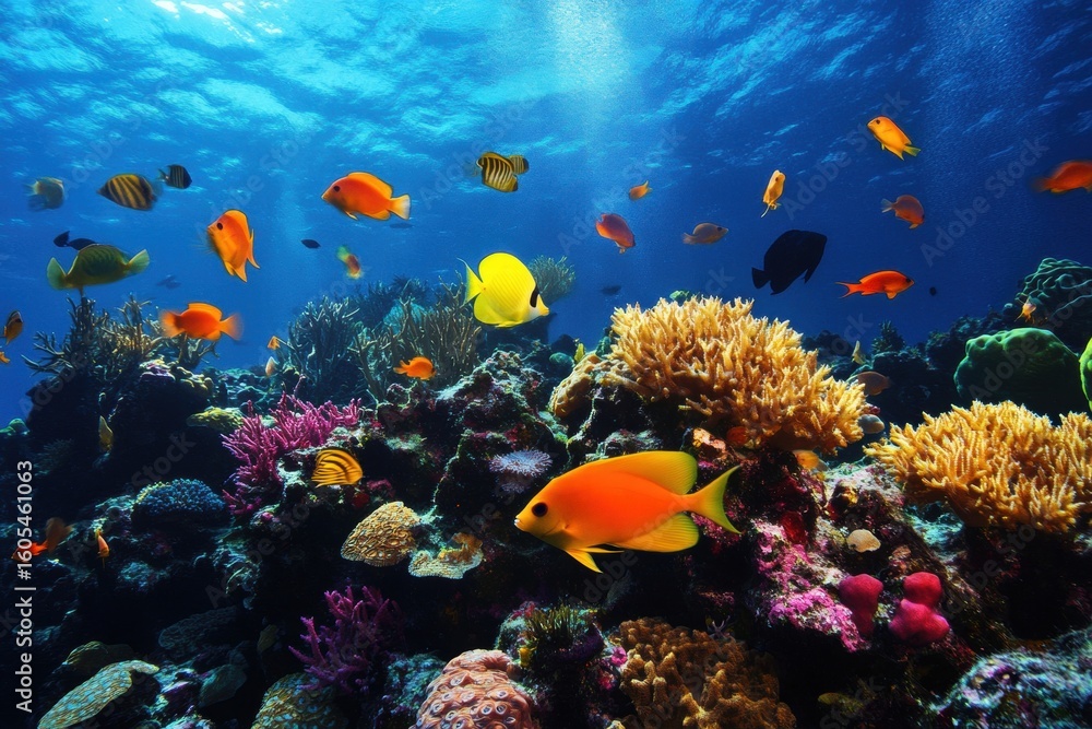 Naklejka premium Coral garden with orange and yellow fish