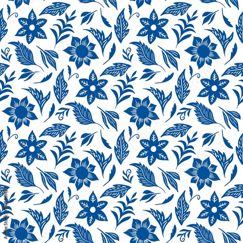 Blue Folk Floral Seamless Pattern - Botanical Print Background