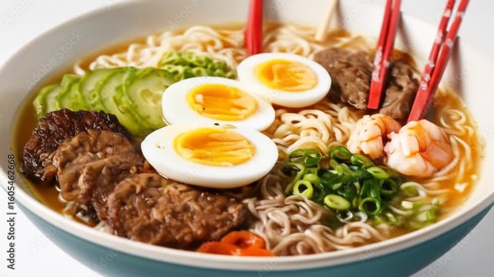 A brightly colored bowl of ramen with chopsticks on a plain white background. The ramen contains broth, noodles, and colorful toppings. 4k video A brightly colored bowl of ramen with chopsticks on a plain white background. The ramen contains broth, noodles, and colorful toppings. 4k video