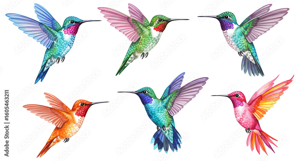 Obraz premium Vibrant watercolor hummingbirds in flight collection