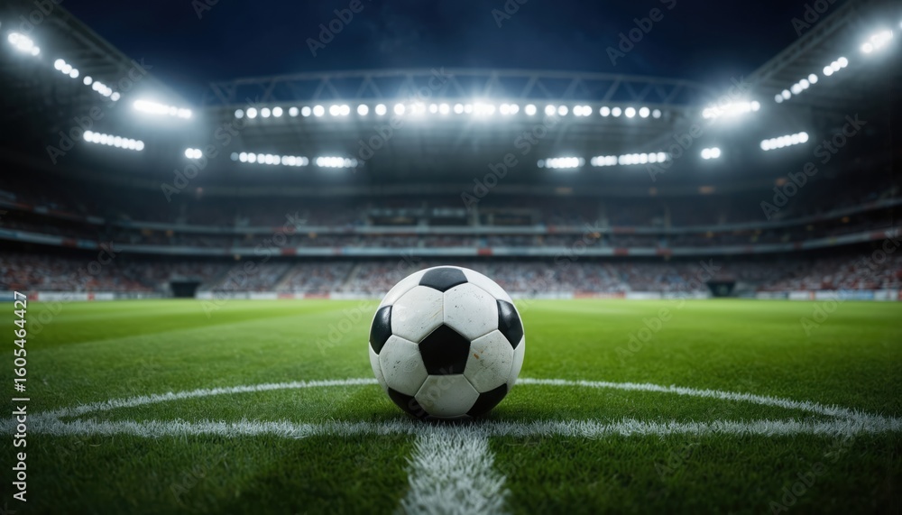 Obraz premium Soccer ball waits on green field at night stadium, bright spotlights illuminate arena for championship match. Blur background shows spectators in stands. Focus on sport equipment for football