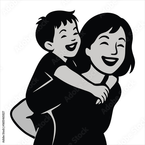 Happy Mother and Son Playing Piggyback Silhouette Perfect for Family Love, Playtime, and Relationship Art