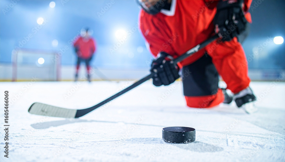Obraz premium Ice Hockey Faceoff Close-up with Puck and Stick on Night Rink – AI-generated