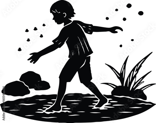 Silhouette of Boy Skipping Stones, Child by lake silhouette