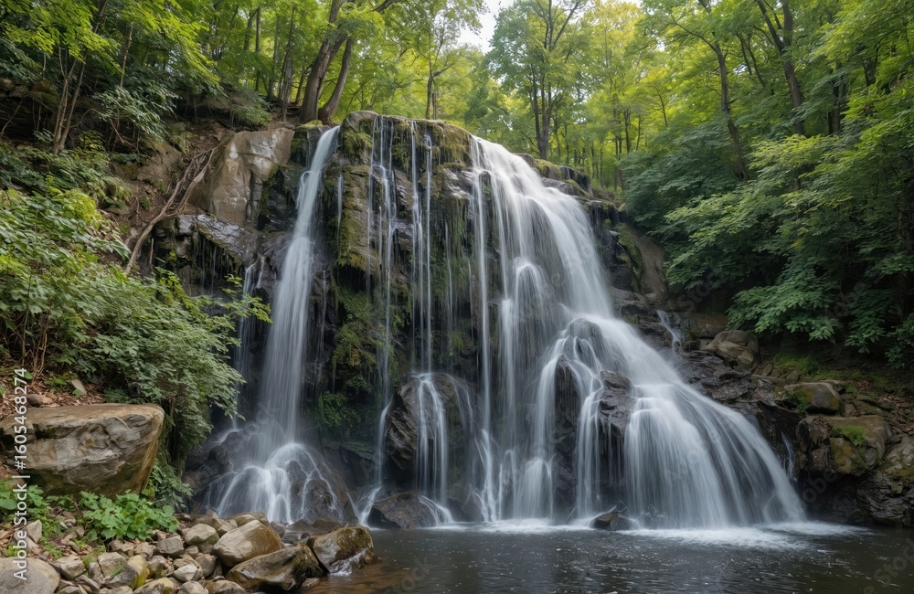 Obraz premium Majestic waterfall cascades down rocky slope on Monastery Island in Dnieper, Ukraine. Green forest surrounds water flowing over stones creating natural beauty. Scenic riverine landscape offers serene