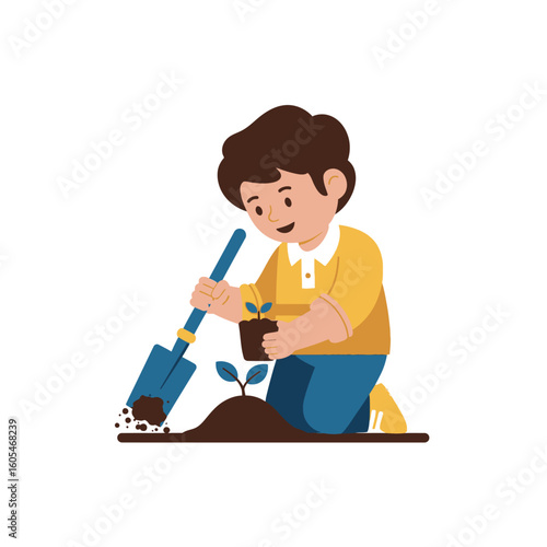 A young boy kneeling and planting a seedling with a shovel, nurturing new growth in a soil mound.